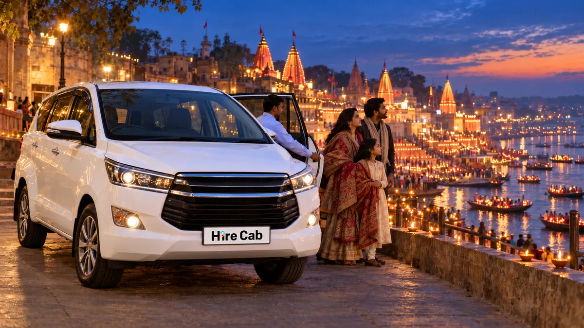 HireCab Innova Crysta with chauffeur above the Varanasi ghats lit with diyas on Dev Deepawali evening