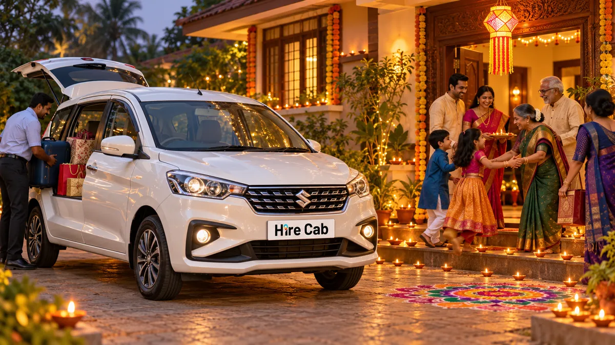 HireCab Ertiga with chauffeur dropping a family home for Diwali at a house lit with diyas and a lantern