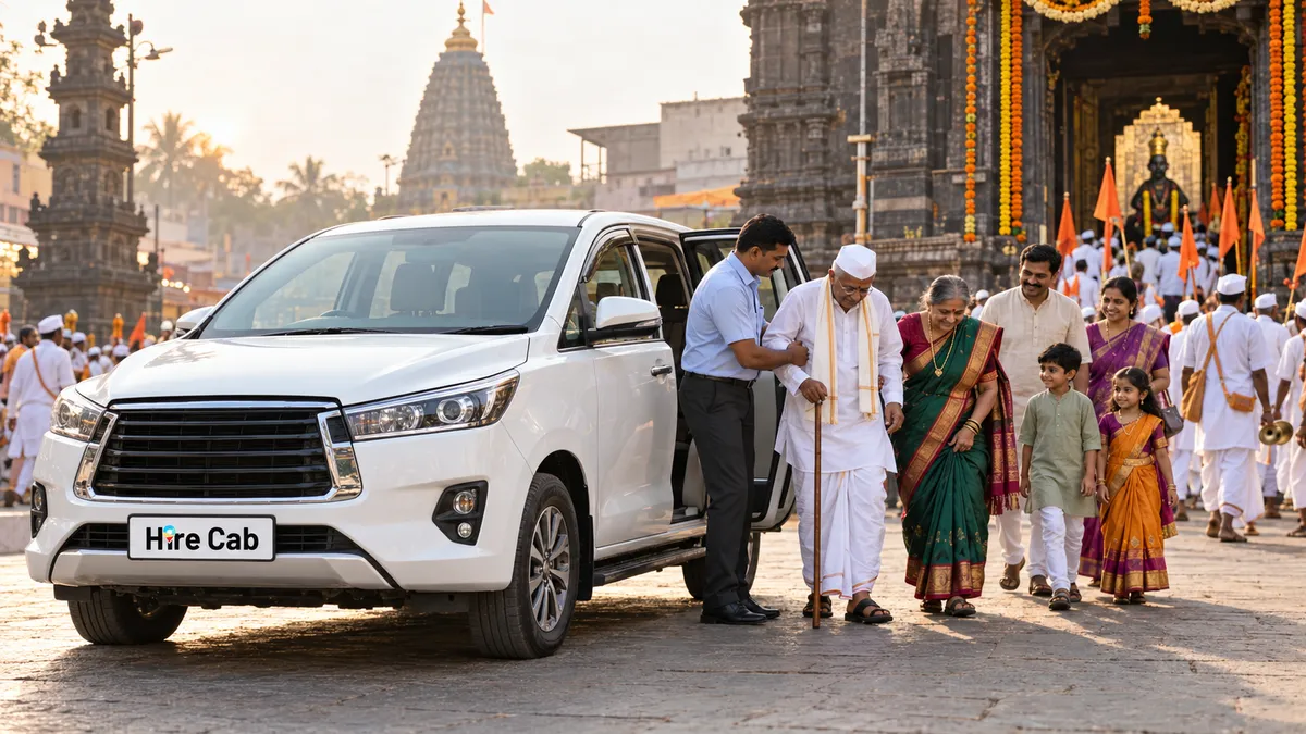HireCab Innova Crysta driver helping an elderly couple out near the Pandharpur Vitthal temple on Kartiki Ekadashi