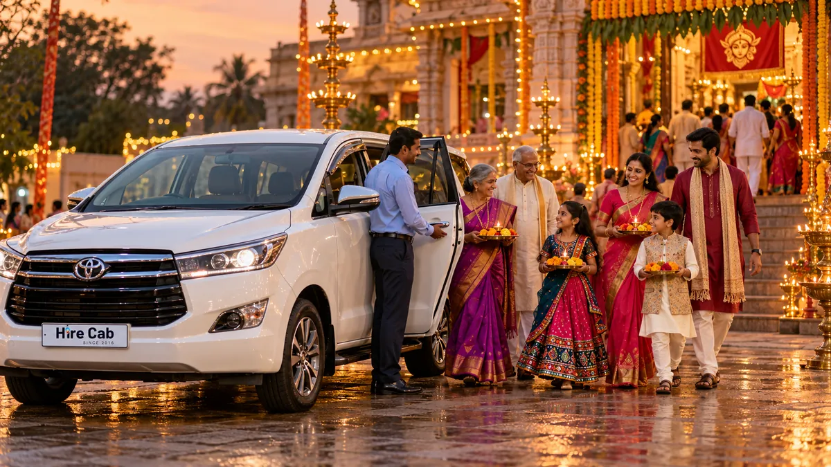 HireCab Innova Crysta outside a decorated Devi temple as a family arrives for a Navratri festival trip by cab