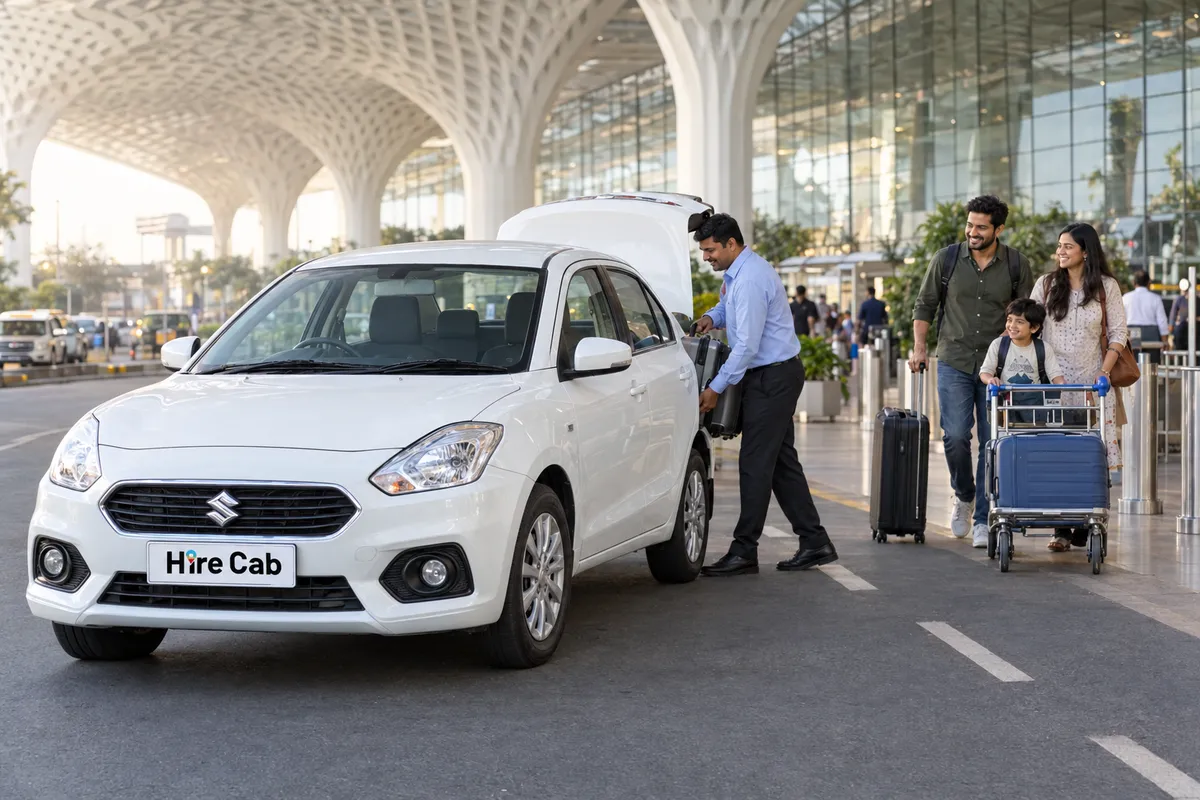 HireCab Swift Dzire Mumbai airport cab picking up a family at the Terminal 2 arrival gate