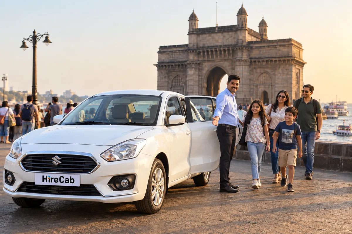 HireCab Swift Dzire Mumbai darshan cab with driver near the Gateway of India for a full day city tour
