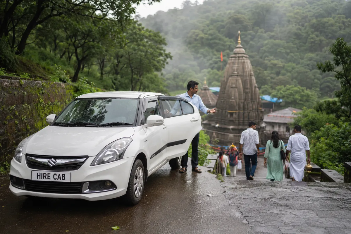HireCab Swift Dzire sedan parked on the temple road at Bhimashankar Jyotirlinga in the Sahyadri hills for a Mumbai to Bhimashankar round trip cab
