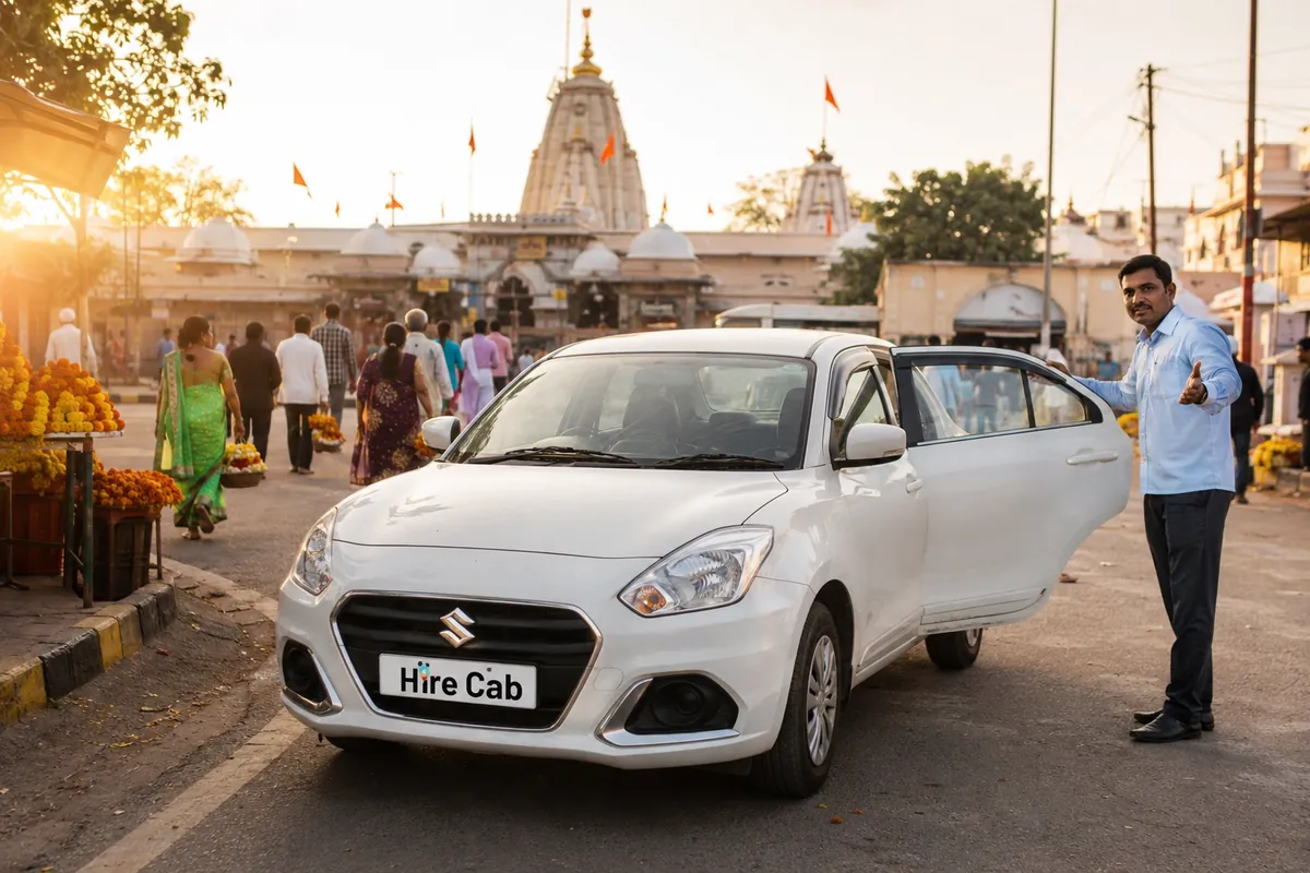 HireCab sedan waiting outside the Sai Baba Samadhi Mandir at Shirdi for a Mumbai to Shirdi round trip cab booking