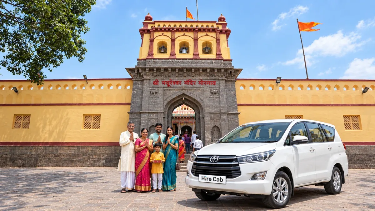 HireCab Innova Crysta with a family at the Mayureshwar Ganpati temple gate, Morgaon, on a Pune Ashtavinayak darshan cab