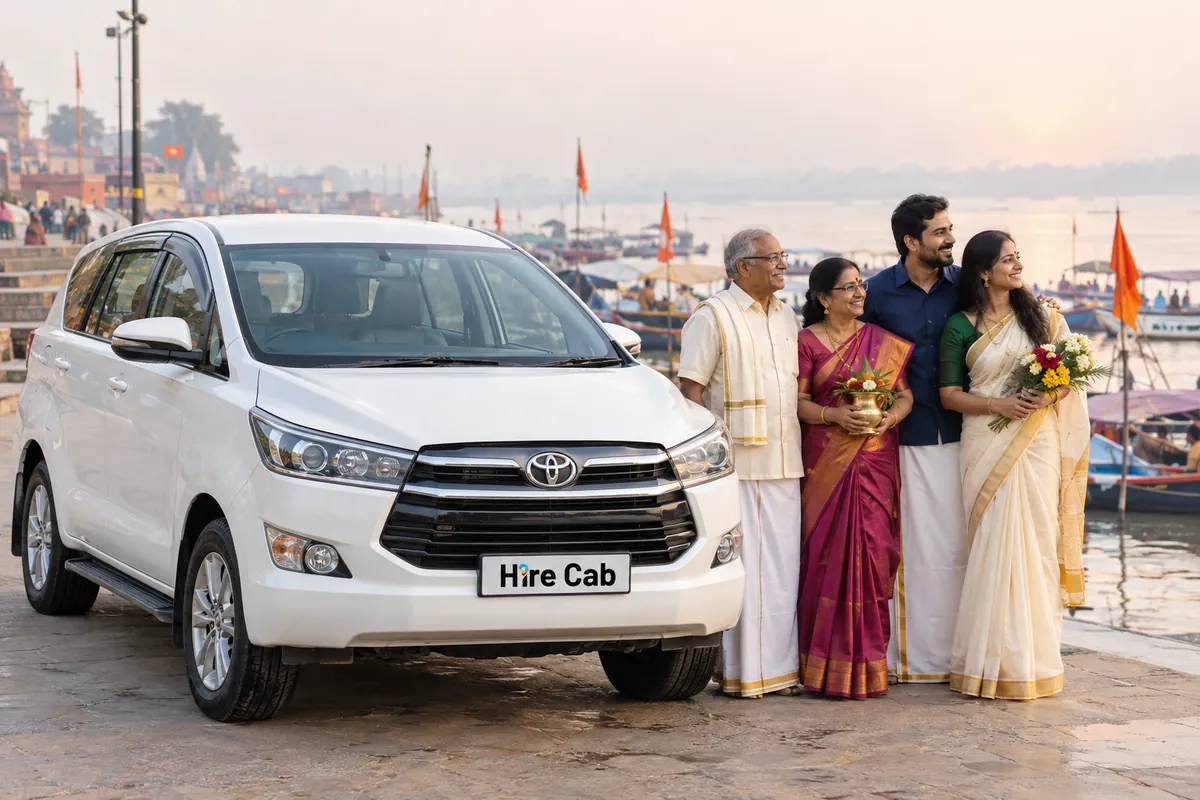 HireCab Innova Crysta with a family near the Sangam on a Varanasi to Prayagraj cab