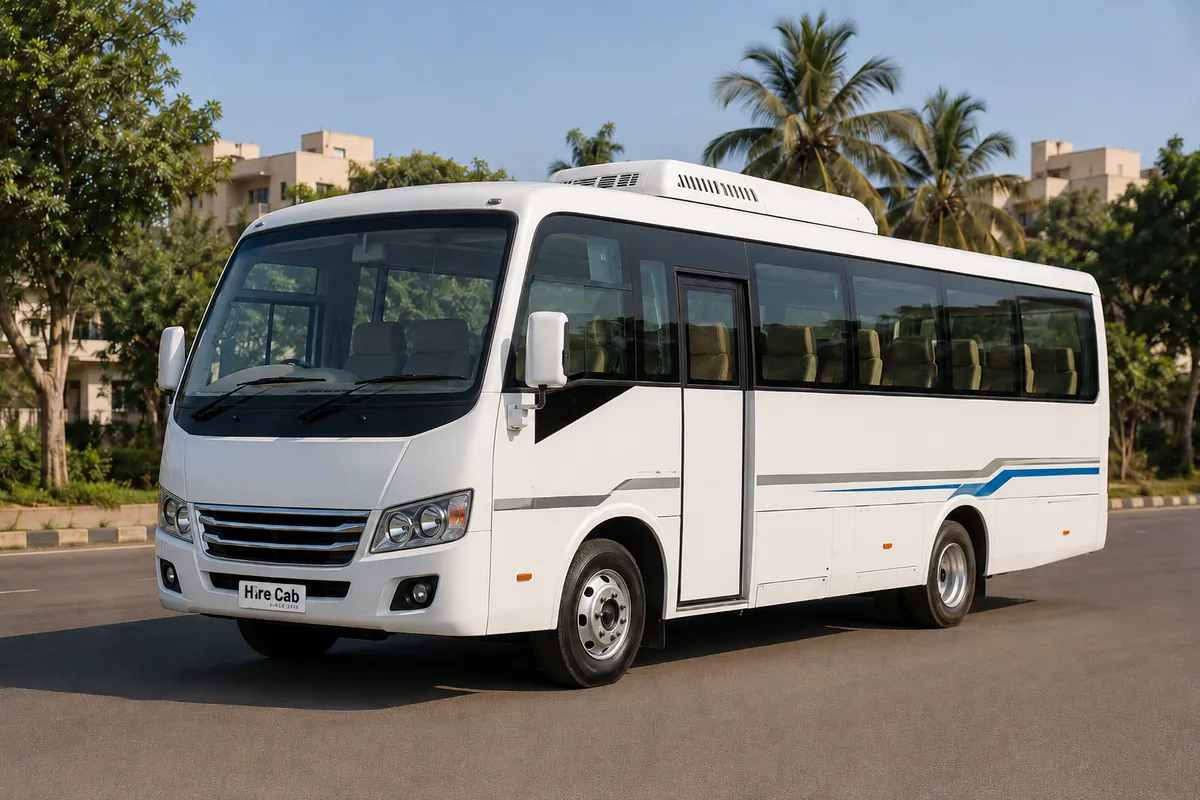 HireCab 25 seater white mini bus on rent in Mumbai parked on a suburban road for group and outstation travel