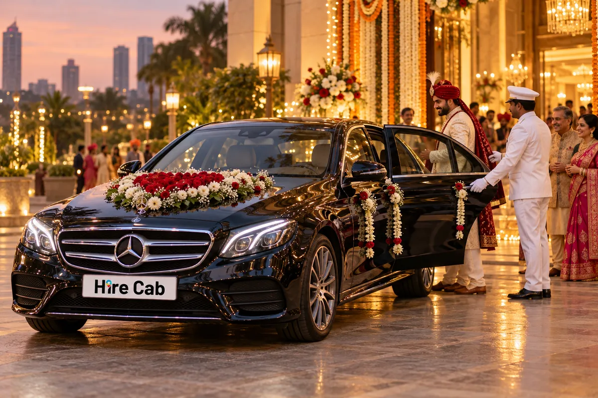Decorated HireCab Mercedes E Class wedding car with chauffeur for wedding car rental in Mumbai